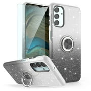 TJS Phone Case for Samsung Galaxy A13 5G, Galaxy A04s with Tempered Glass Screen Protector, Two Tone Shinny Glitter Metal Ring Magnetic Support Kickstand Cover (Black)
